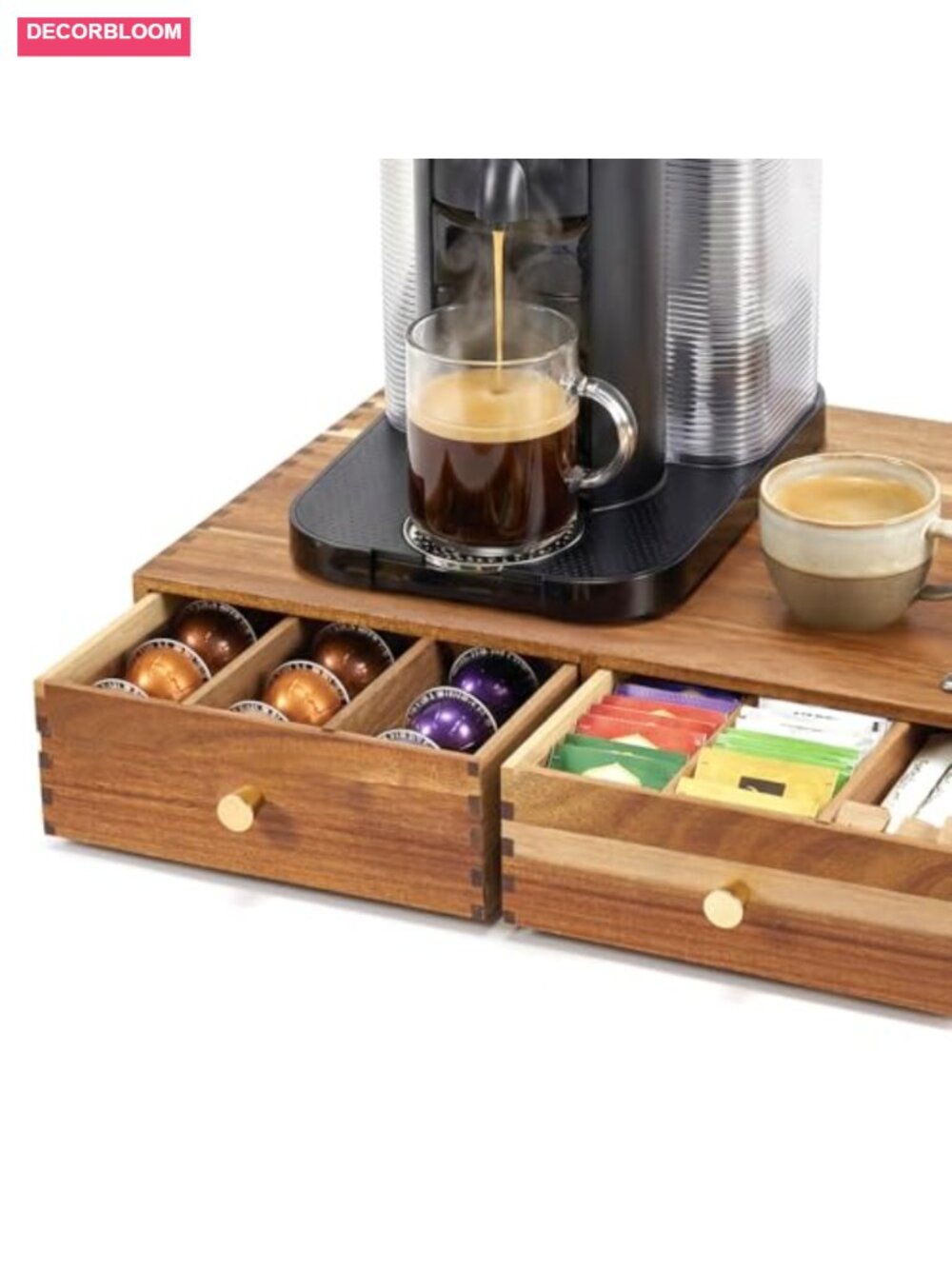 Acacia Wood K Cup Coffee Pod Organizer 2 Drawer Storage Box